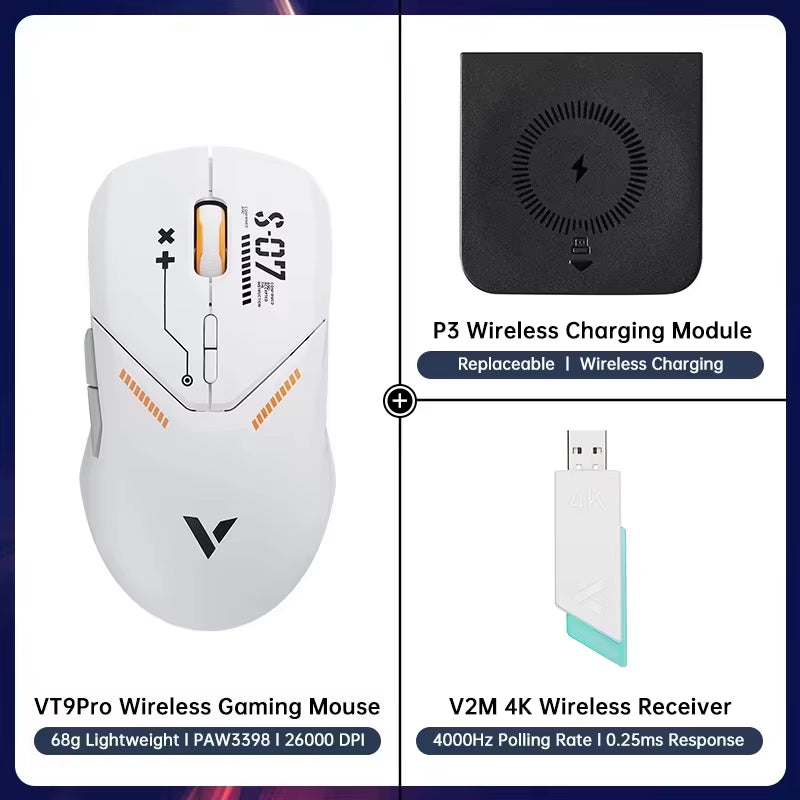 VT9PRO PAW3398 Wireless Gaming Mouse 68G Wired Programmable Ergonomic Mice 26000DPI Type C Rechargeable Pc Gamer Accessory